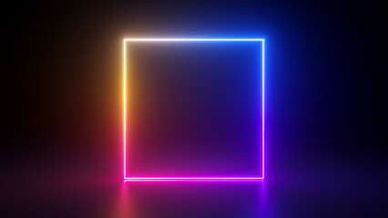 Wall Mural - 3d render, abstract geometric background with neon square frame glowing with gradient light in the dark. Futuristic showcase for product presentation