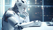 © Nakron - White Ai robot think and looking on monitor careen computer working, high-tech artificial intelligence robot concept, Generative Ai
