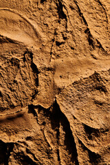 Wall Mural - Decorative brown ocher putty background. Wall texture with filler paste applied with spatula, chaotic dashes and strokes over plaster. Creative design, stone pattern, cement.