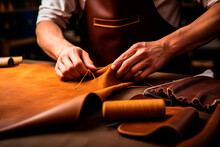 Tailor Cobbler Hold Different Rolls Natural Brown Leather, Working With Textile In Workshop