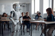 © Kemedo - Futuristic humanoid robot teaching group of attentive little children sitting at tables with laptops during lesson in classroom, futuristic teacher and education, generative ai with copy space right.