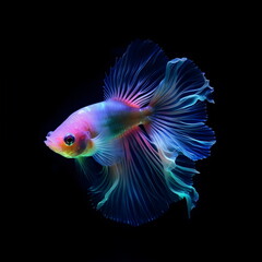 Wall Mural - beautiful neon transparent fish with flowing fins on black background, generative ai	