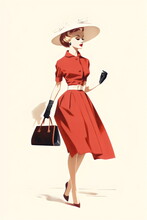 Vintage Fashion Illustration Of Woman In Red Belted Dress In 50s 60s Style, Made With Generative Ai