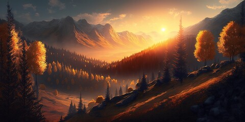 Wall Mural - First light on the mountains The fall light illuminates the wooded glade. Generative AI