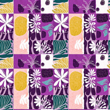 Modern Purple Summer Collage Paper Cut Out Shapes Pattern With Fabric Effect Design. Seamless Fun Nature Inspired Fashion Repeat For Trendy Textile Washed Print Backdrop.