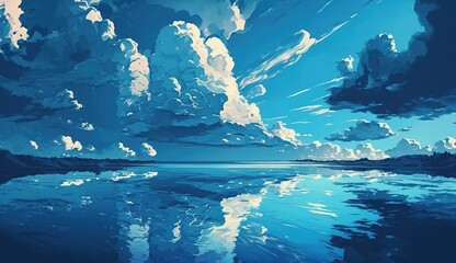 Poster - In the brilliant sunshine, the flat blue water of the landscape transforms into dense white and blue clouds. Generative AI