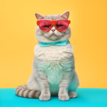 Cat Wearing Red Glasses And Green Bowtie On Plain Yellow Background, Illustration Made With Generative Ai