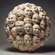 Ball Sculpture Art Made From Many Faces Isolated On Light Studio Background, Made With Generative Ai