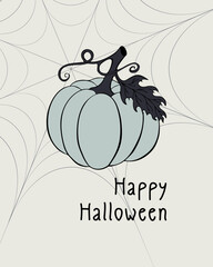 Wall Mural - Happy Halloween card with blue pastel pumpkin and spider web. Vector illustration