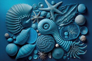 Wall Mural - A blue background covered with a wide assortment of sea shells. Generative AI