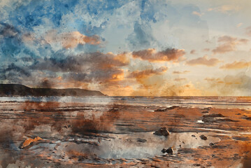 Wall Mural - Digital watercolour painting of Stunning Summer sunset landscape image of Widemouth Bay in Devon England with golden hour light on beach