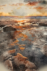 Wall Mural - Digital watercolour painting of Stunning Summer sunset landscape image of Widemouth Bay in Devon England with golden hour light on beach
