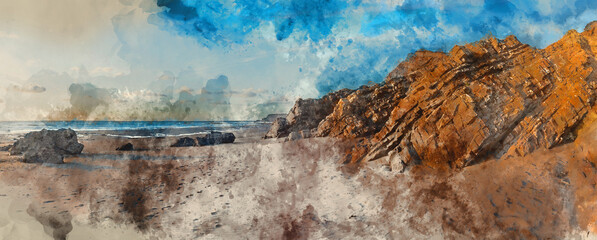 Wall Mural - Digital watercolour painting of Stunning Summer sunset landscape image of Widemouth Bay in Devon England with golden hour light on beach