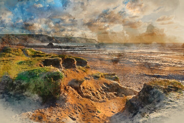 Wall Mural - Digital watercolour painting of Stunning Summer sunset landscape image of Widemouth Bay in Devon England with golden hour light on beach