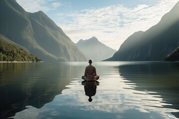 Wall Mural - Meditating on the edge of a calm lake