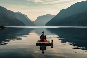 Wall Mural - Meditating on the edge of a calm lake