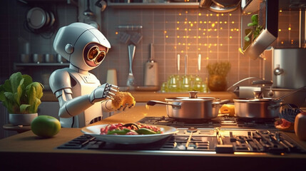3d rendering of cooking staff robot or humanoid robot chef cooking vegetable salad in the kitchen at