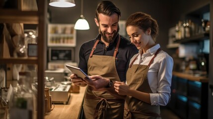 Generative AI Small startup business owner concept. two successful young baristas women standing in bar counter in cafe