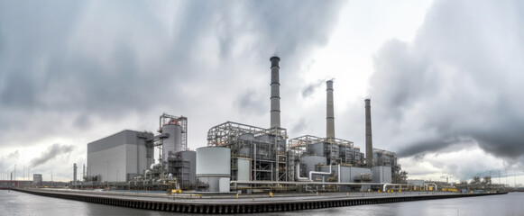 Wall Mural - Natural gas powered turbine power plant. Wide angle photo of whole factory. Generative AI