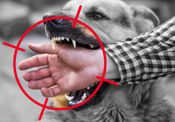 Wall Mural - A male German shepherd bites a man by the hand.