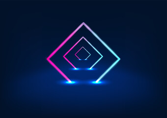 Poster - Podium Triangle bending neon lights with blue and purple lighting. to make the product stand out as more modern luxury being placed on a platform long and high from the ground