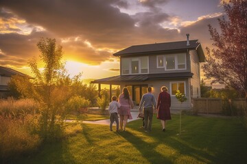 Wall Mural - Happy family smiling outside their new home at sunset.