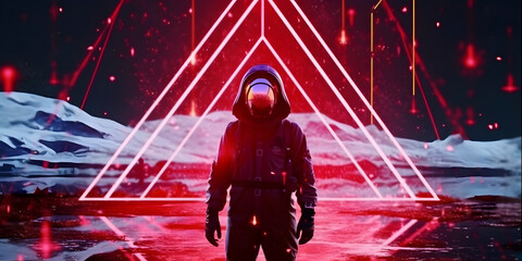 Wall Mural - spaceman the planet. astronaut with neon lights. ai generated.
