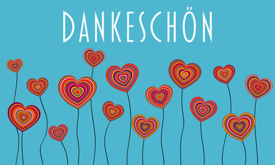 Sticker - Dankeschön - Schriftzug in deutscher Sprache. Danksagungskarte mit bunten Herzblumen.