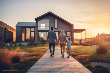 Happy family smiling outside their new home at sunset.