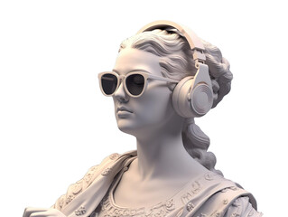 Ancient female greek sculpture wearing headphones and sunglasses, modern art, wallpaper. Ai generated