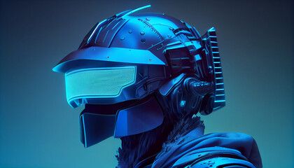 A guy wearing a helmet of sci-fi virtual reality or helmet fo in blue neon isolated on a blue background Ai generated image