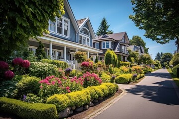 Well-kept garden in front of a luxury home on a sunny day in Canadian suburbs.