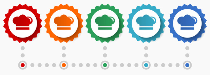 Poster - Chef hat, restaurant vector icon set, colorful infographic template, set of flat design badge icons in 5 color options