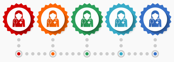 Fototapete - Female doctor vector icon set, colorful infographic template, set of flat design badge icons in 5 color options