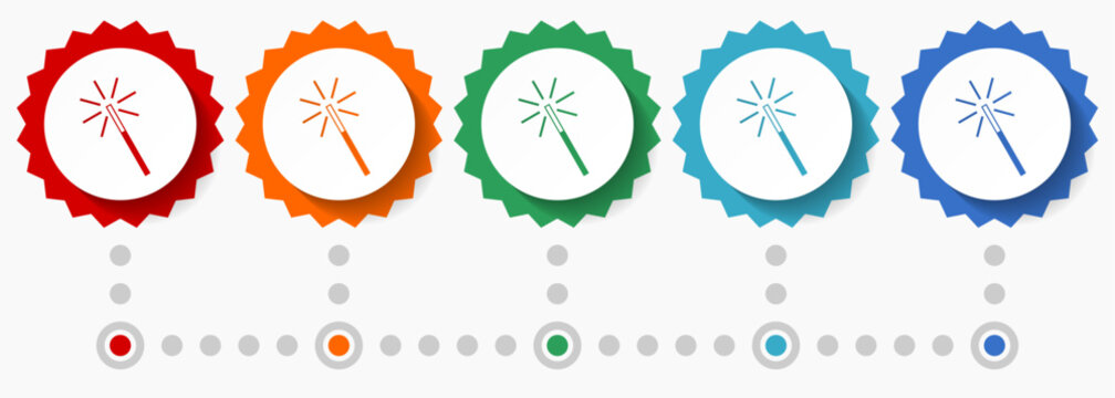 Magic wand vector icon set, colorful infographic template, set of flat design badge icons in 5 color options