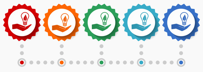 Poster - Light, idea, hand with bulb vector icon set, colorful infographic template, set of flat design badge icons in 5 color options