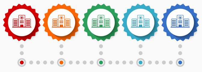Poster - Hospital building vector icon set, colorful infographic template, set of flat design badge icons in 5 color options