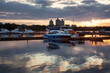 Boats in marina at Moskva-river channel at sunset, Moscow