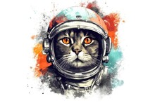 Art Cat In Space . Dreamlike Background With Cat . Hand Drawn Style Illustration . Beautiful Cat In Outer Space