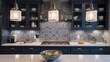 Interior design of Kitchen in Transitional style with Backsplash decorated with Ceramic, glass, marble, stainless steel material. Colonial revival architecture. Generative AI AIG24.