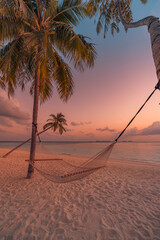 Romantic beautiful tropical Maldives beach landscape. Colorful dreamy sea sky swing or hammock on coconut palm trees. Luxury vacation, destination honeymoon concept. Exotic travel, relax peace seaside