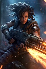 Wall Mural - buff cyberpunk female soldier firing a heavy gun in urban combat. generative AI 