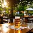 beer mug standing on a table in a beer garden in a rural scene. generative AI