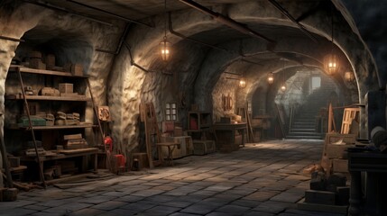  Artistic underground bunker with art gallery and studio. Generative AI.