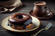 Black donut covered with chocolate glaze served with espresso coffee beverage. Generative Ai