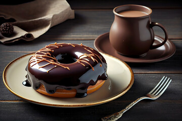 Wall Mural - Black donut covered with chocolate glaze served with espresso coffee beverage. Generative Ai