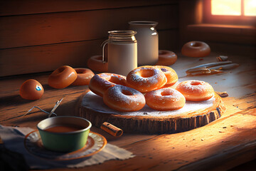 Wall Mural - Delicious donuts in box on wooden table, flat lay. Space for textle. Generative Ai