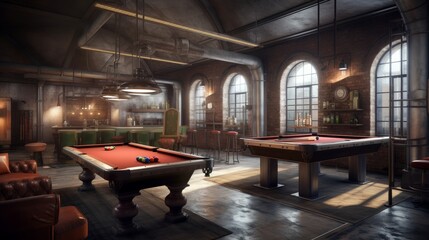 Wall Mural - Industrial chic underground bunker with bar and game room. Generative AI.