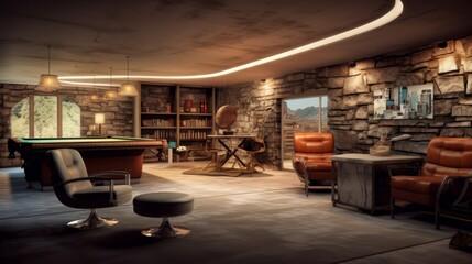 Wall Mural - Mid-century modern underground bunker with home theater and bar. Generative AI.