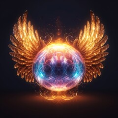 Wall Mural - spiritual orb with wings of love, cosmic magical sphere glowing on dark background. concept. fantady
